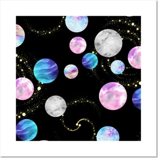 Outer space pattern: Planets, nebulae, and stars (watercolor and gold) Posters and Art